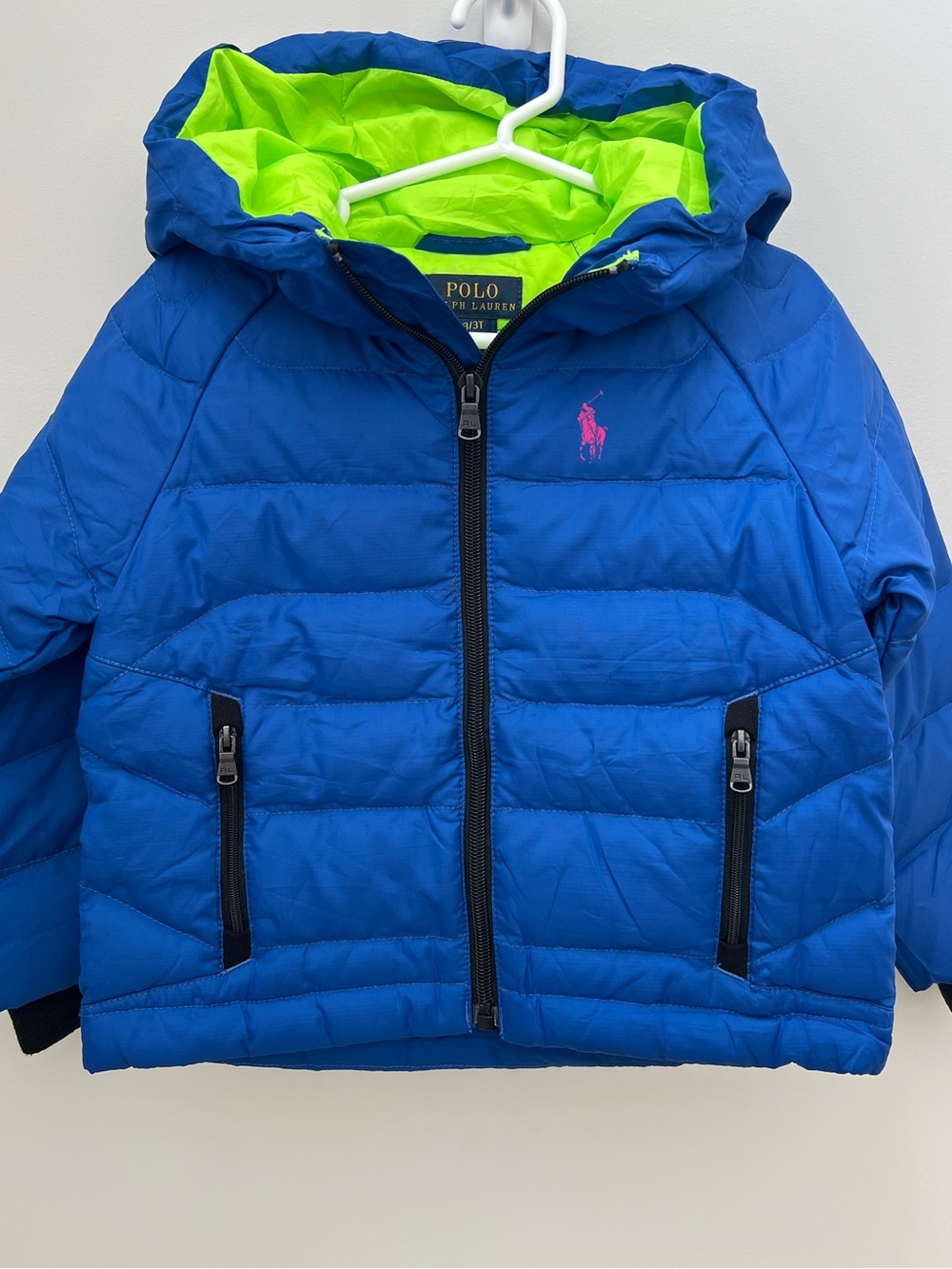 Polo by Ralph Lauren Kids Blue Down Feather Puffer Jacket with Lime Lining